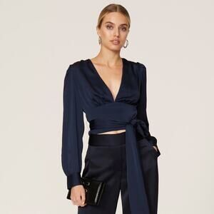 Marissa Webb Satin Tie Waist Blouse‎ Navy Blue V-Neck Long Sleeve Top Sz 4